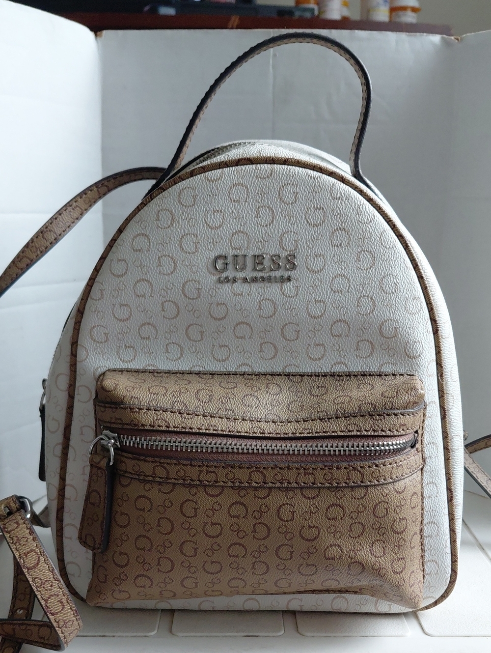 GUESS Cream & Brown Mini Signature Backpack